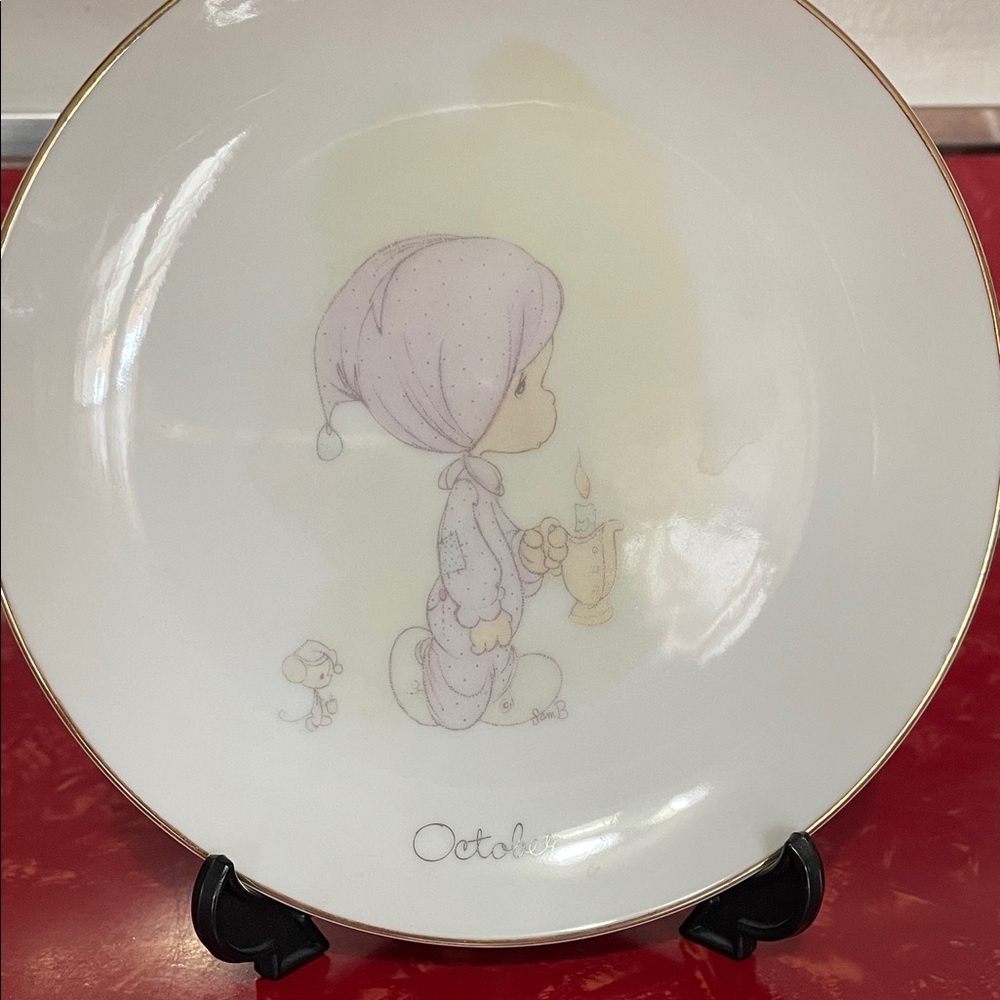 Precious Moments October Plate with Gold Trim